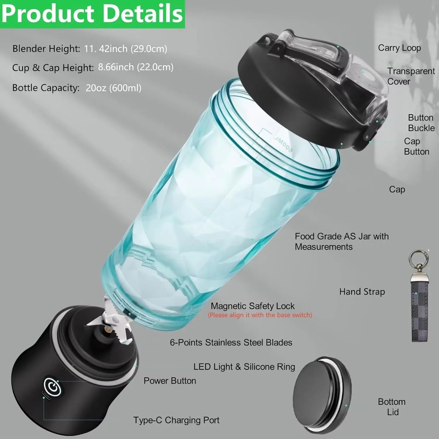 600ml Portable Mini Blender,USB Rechargeable Small Smoothie Blender,Large Capacity Travel Blender Portable Smoothies,Blends Ice